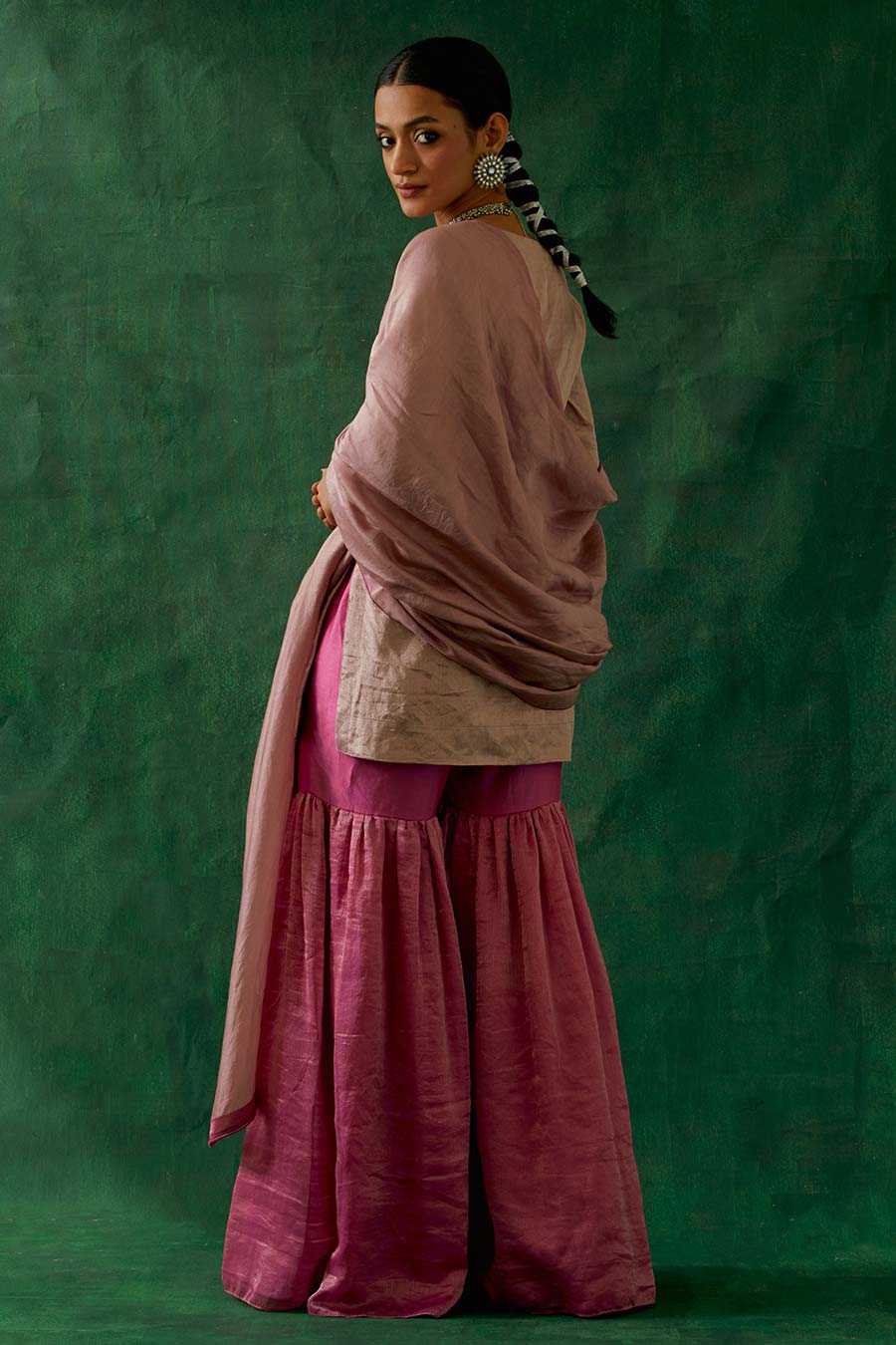 Pink Zari Silk Short Kurta With Chanderi Gharara & Dupatta Set (Set Of 3)