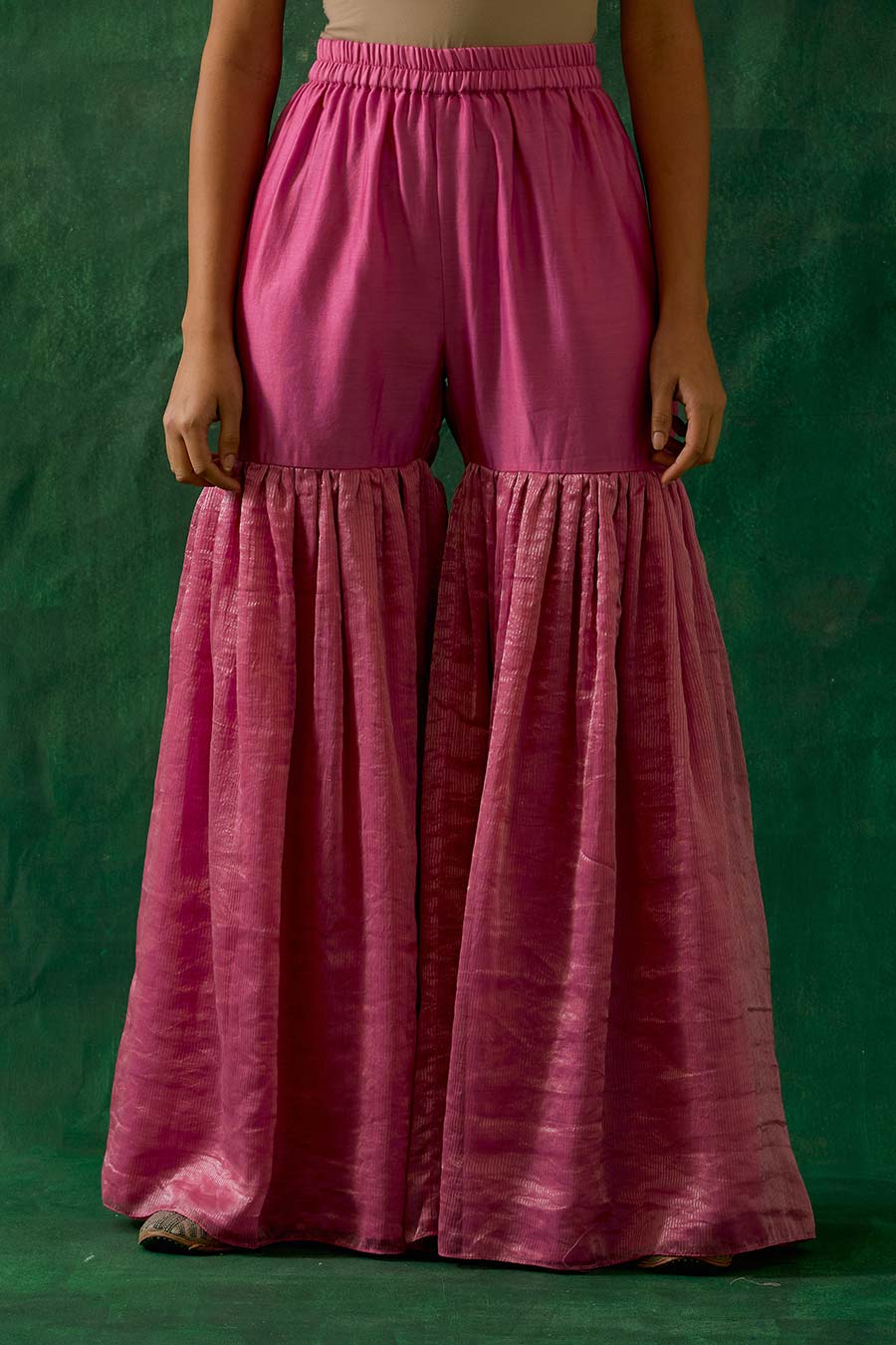 Pink Zari Silk Short Kurta With Chanderi Gharara & Dupatta Set (Set Of 3)