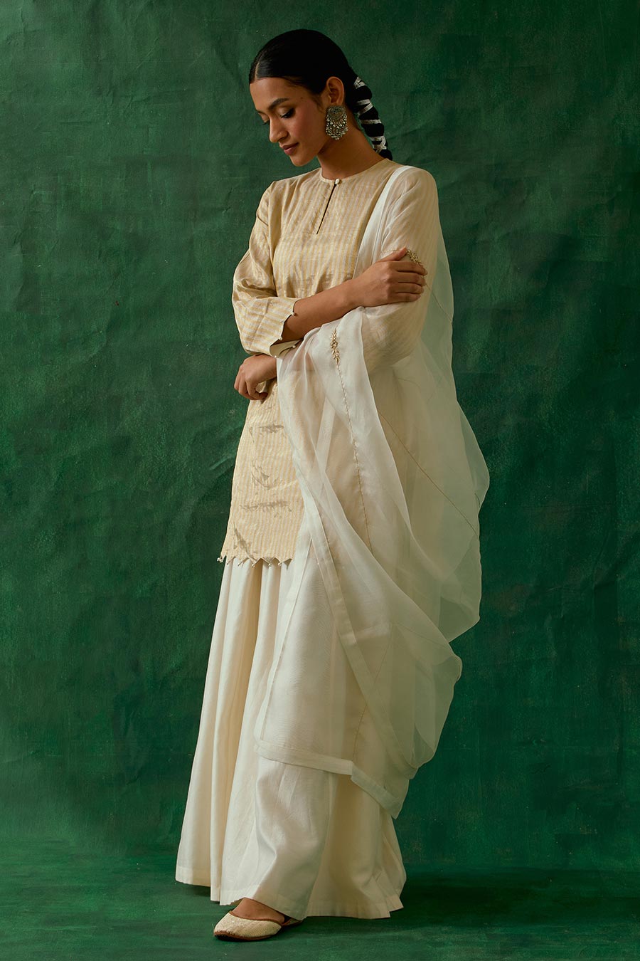 Gold & Off-White Zari Silk Sharara Set (Set Of 3)