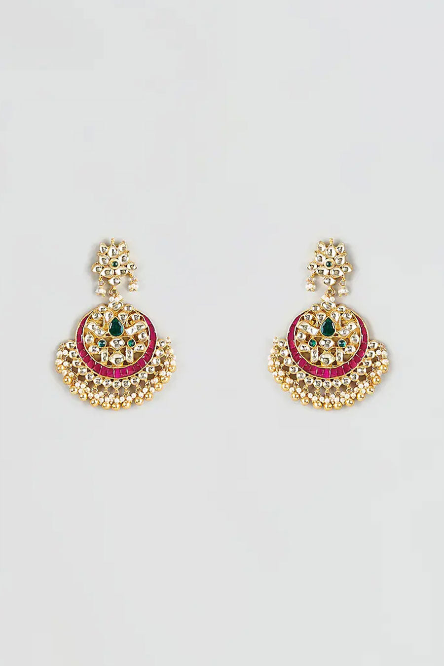 Pink & Green Kundan Polki Chandbali Earrings