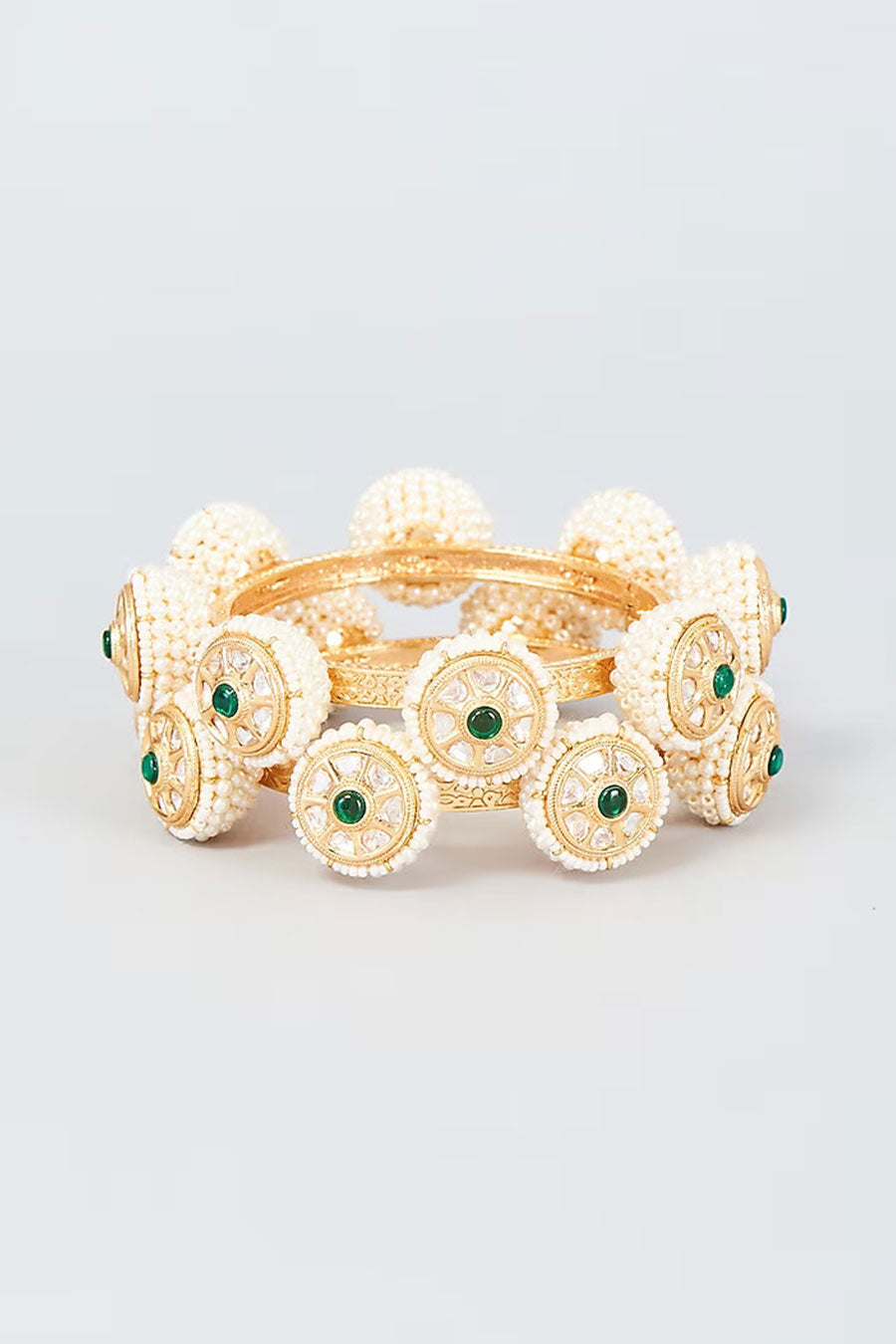 Green Kundan Pearl Bangles (Set Of 2)