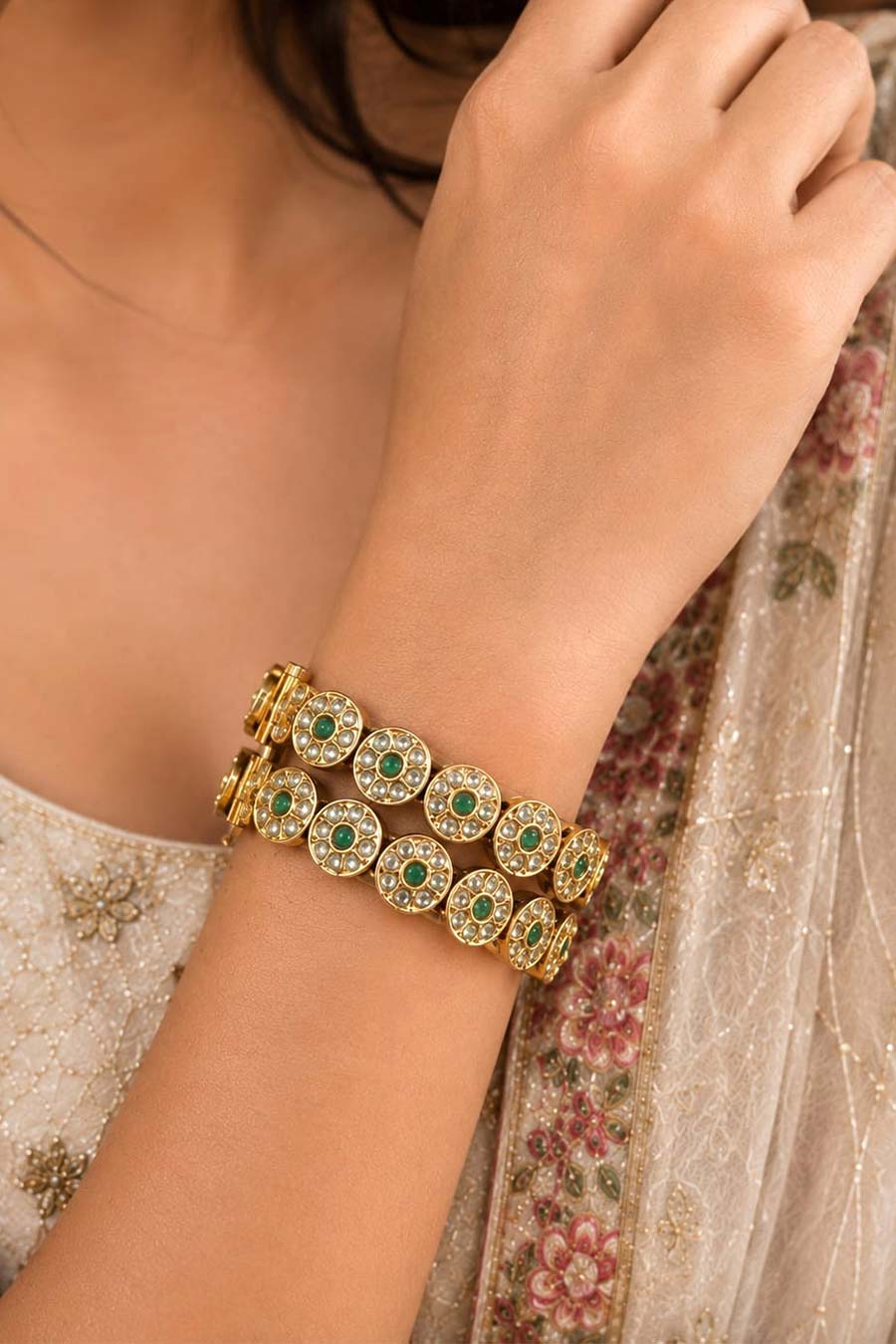 Emerald Green Polki Floral Kada Set