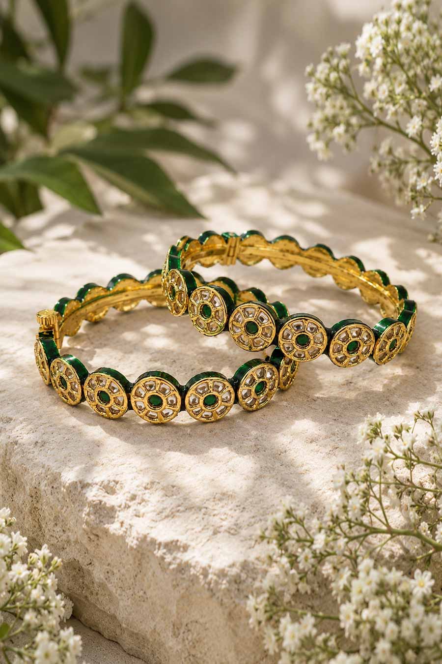Emerald Green Polki Floral Kada Set
