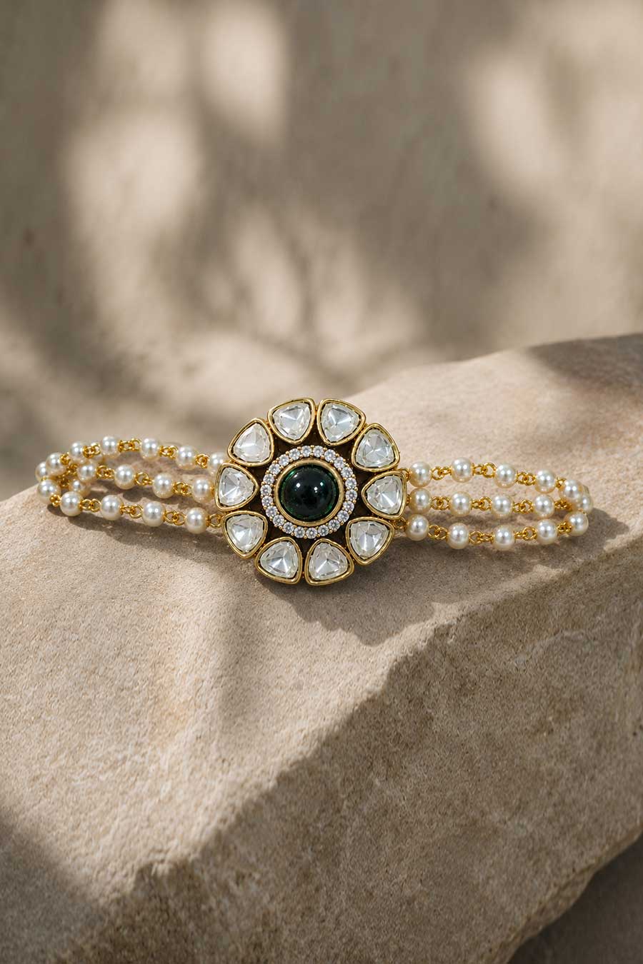 Emerald Polki Floral Pearl Bracelet