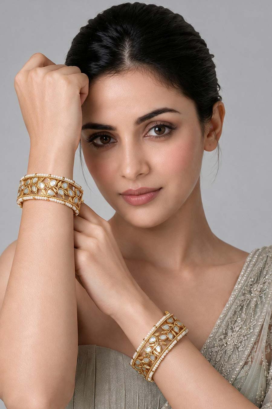 Kundan Pearl Leaf 2-Piece Bangles Set