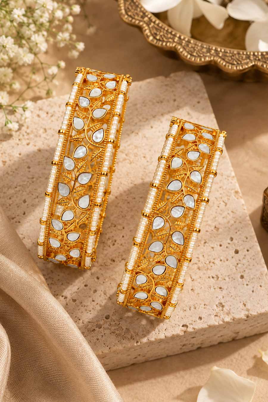 Kundan Pearl Leaf 2-Piece Bangles Set