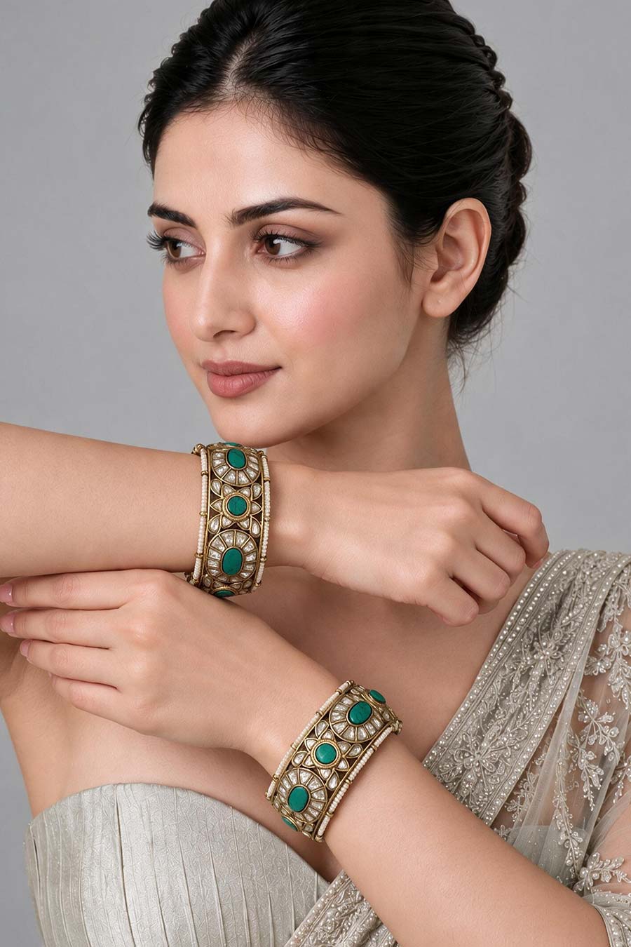 Turquoise Kundan Pearl 2-Piece Bangles Set