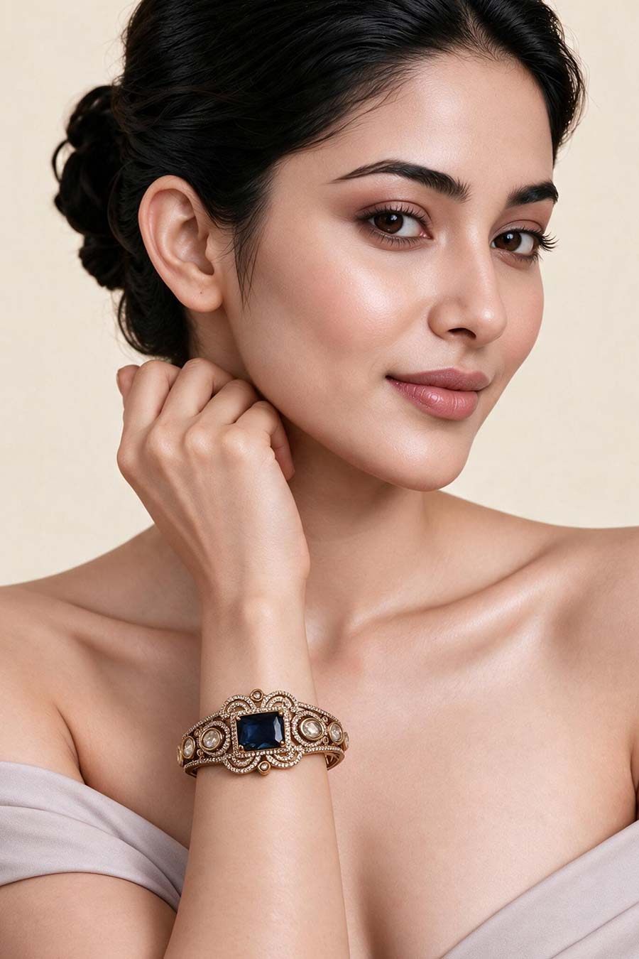 Sapphire Stone Gold-Tone Kada Bangle