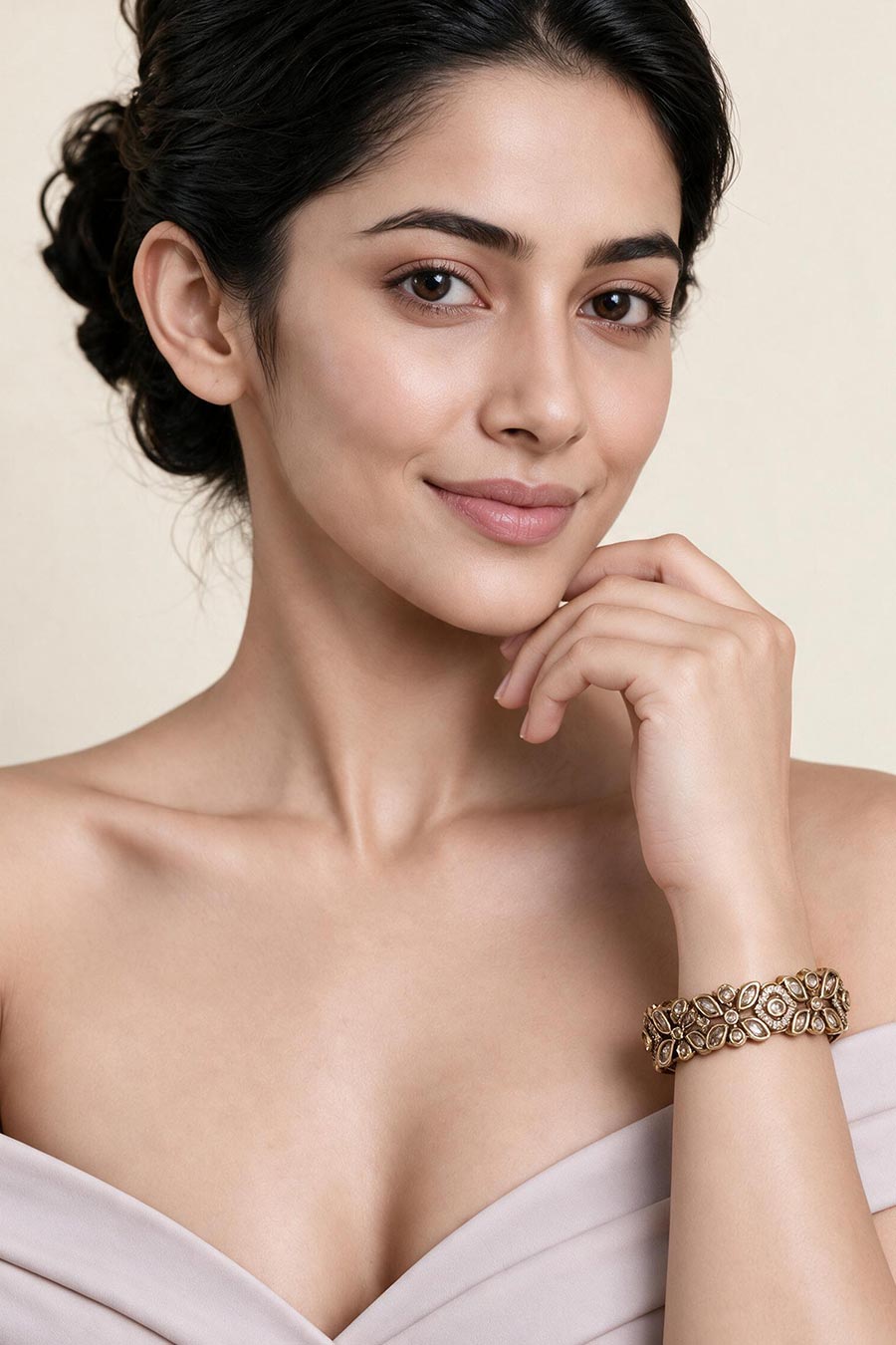 Clear Stone Gold-Tone Floral Kada Bangle
