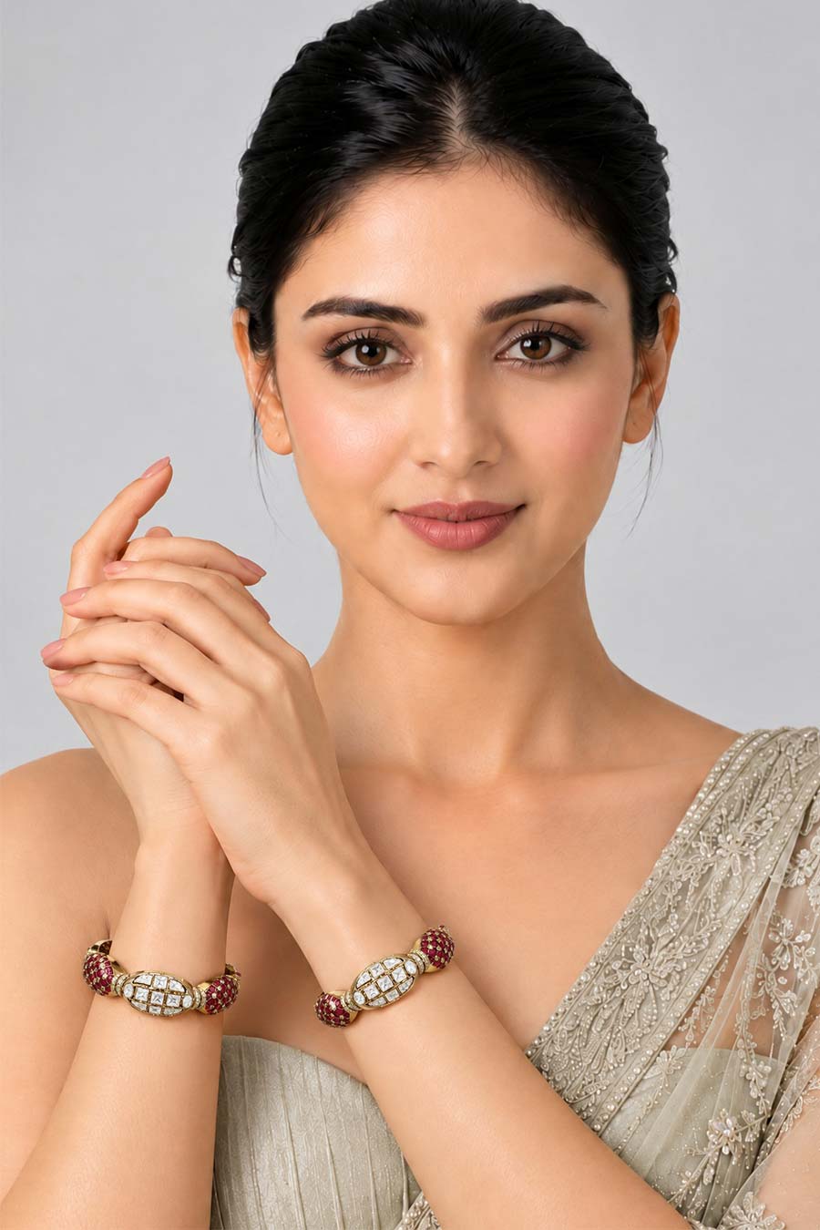 Ruby Accent Moissanite Polki 2-Piece Bangles Set