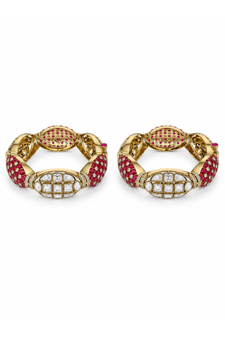 Ruby Accent Moissanite Polki 2-Piece Bangles Set