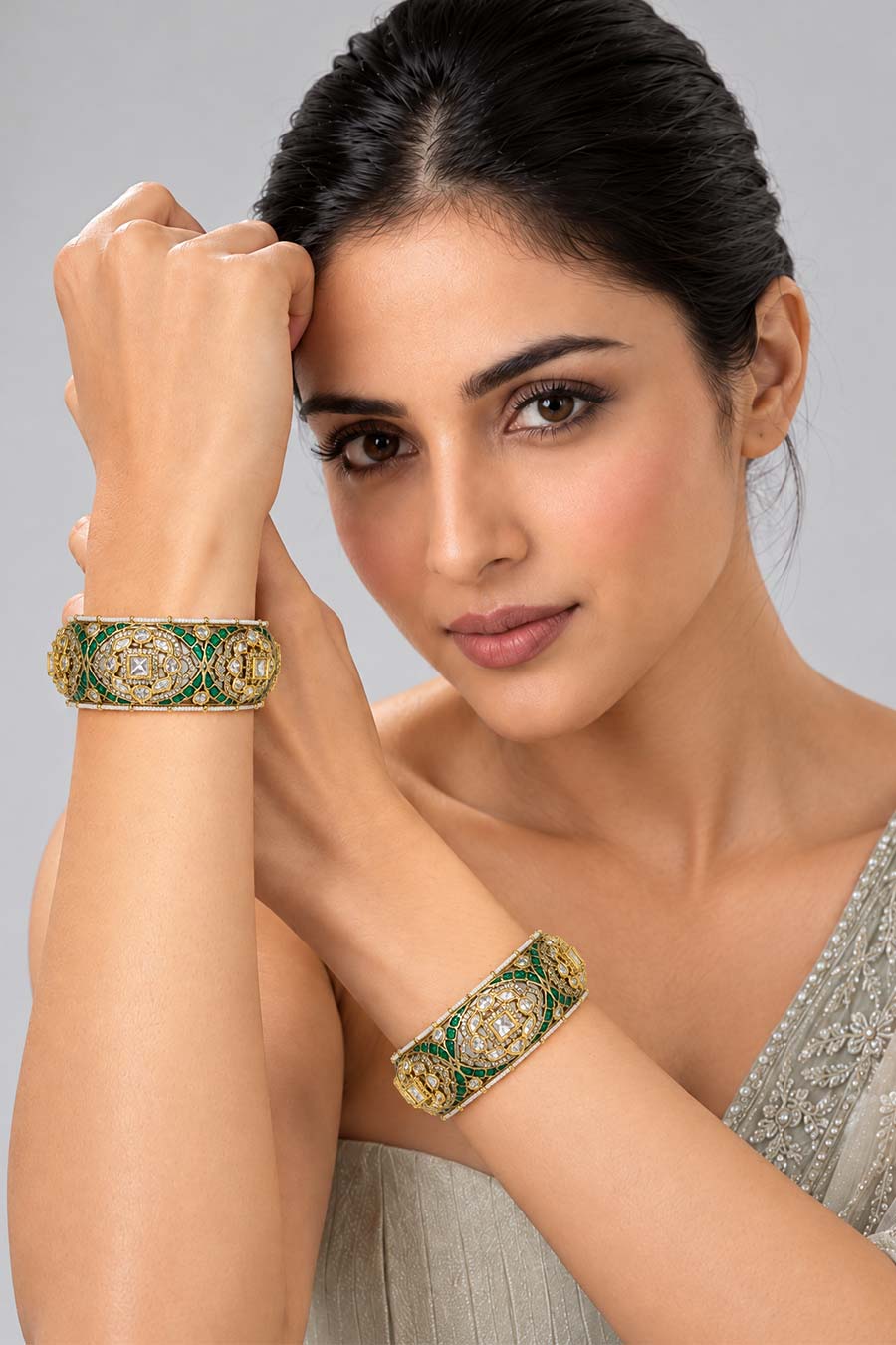 Emerald Crest Moissanite Polki 2-Piece Bangles Set