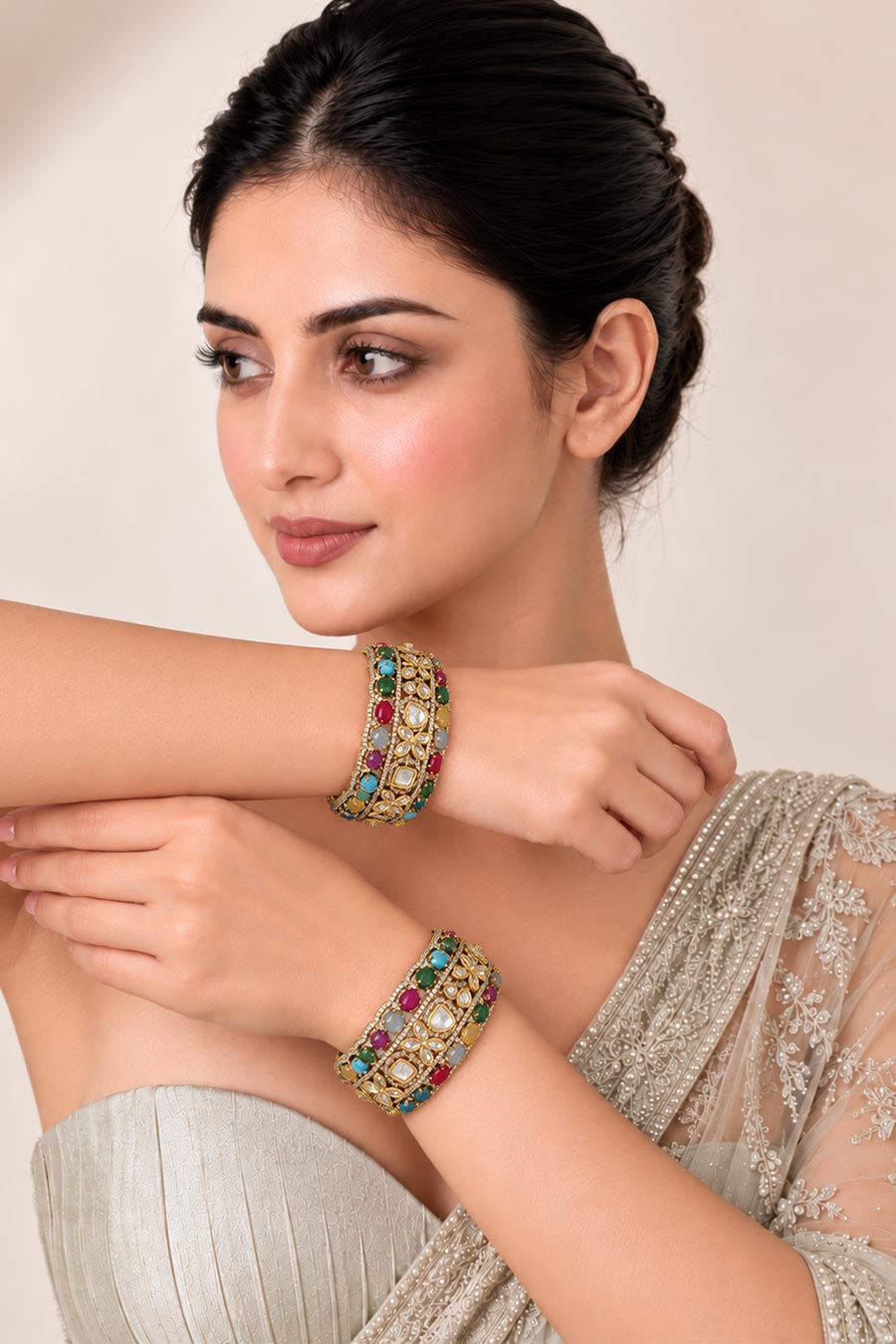 Multicolour Moissanite Polki 2-Piece Bangles Set