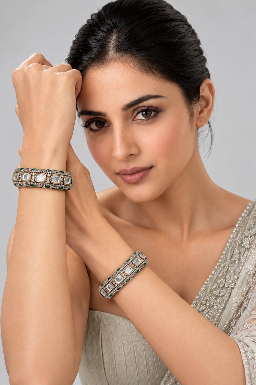 Emerald Moissanite Polki 2-Piece Bangles Set