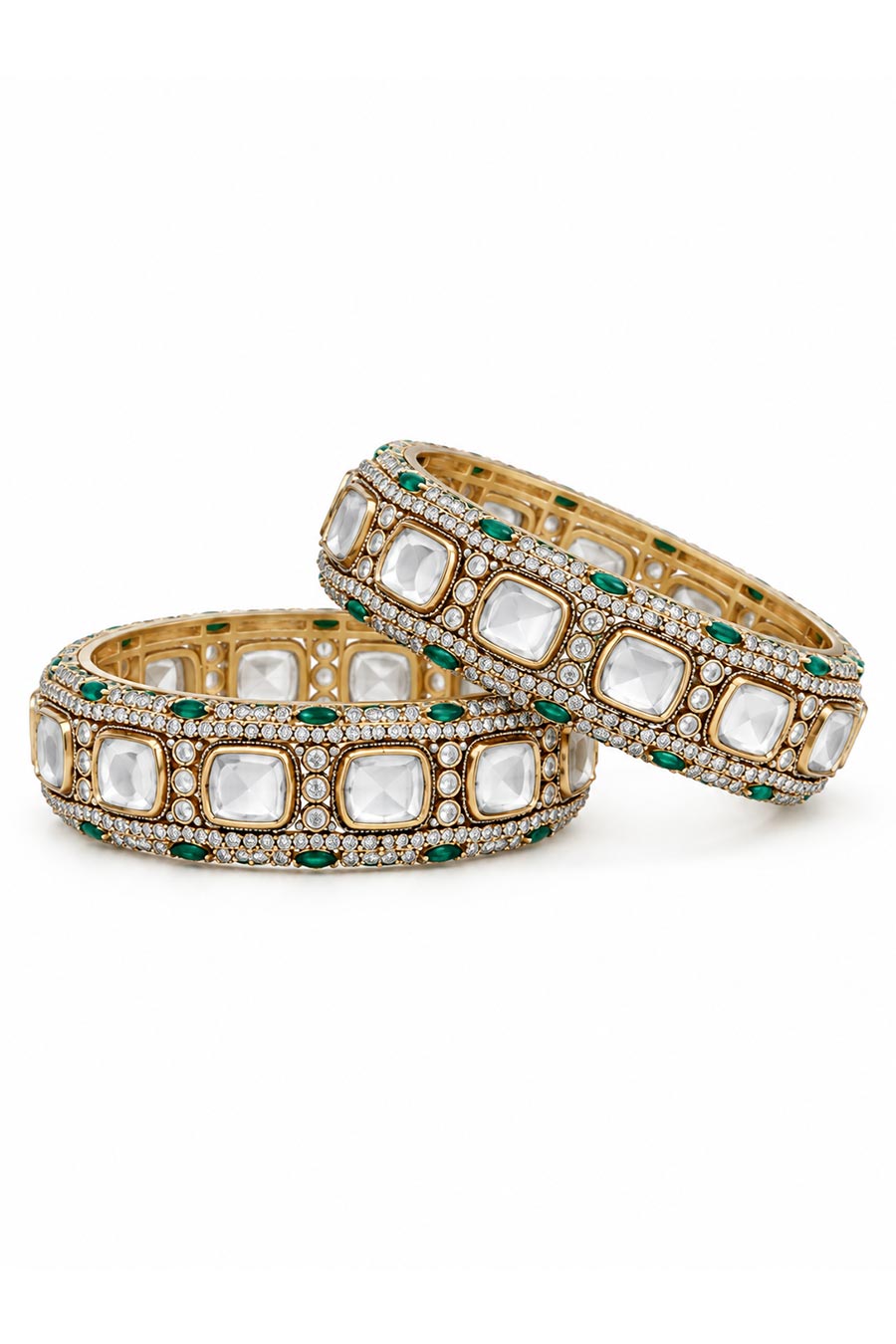 Emerald Moissanite Polki 2-Piece Bangles Set
