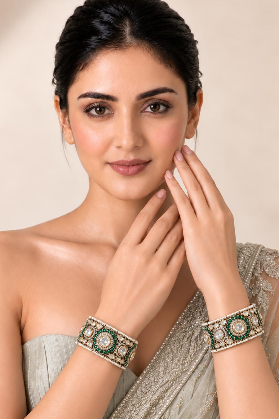 Emerald Moissanite Polki 2-Piece Bangles Set