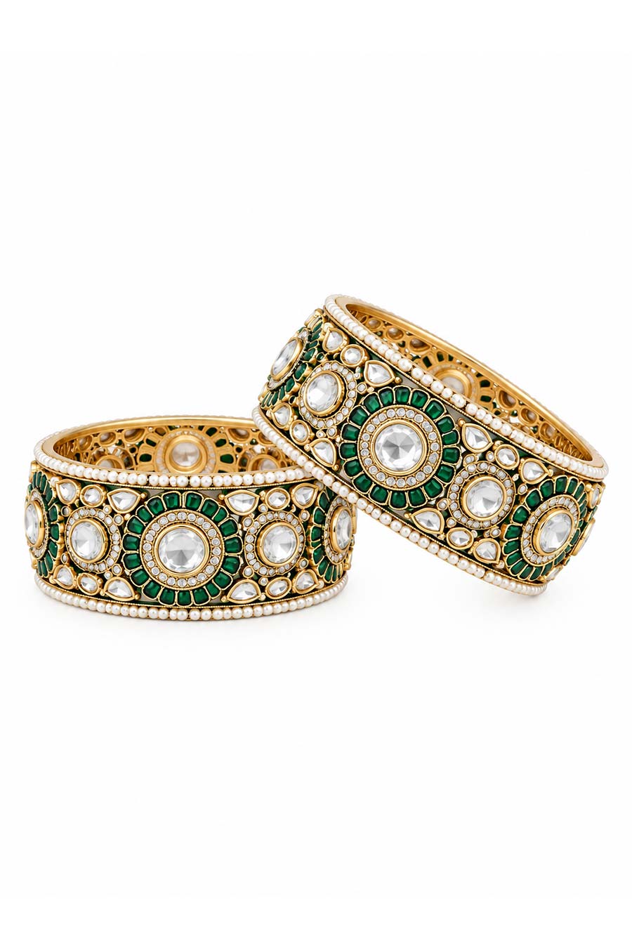 Emerald Moissanite Polki 2-Piece Bangles Set