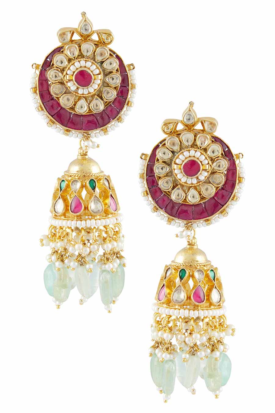 Pink & Green Kundan Polki Jhumka Earrings