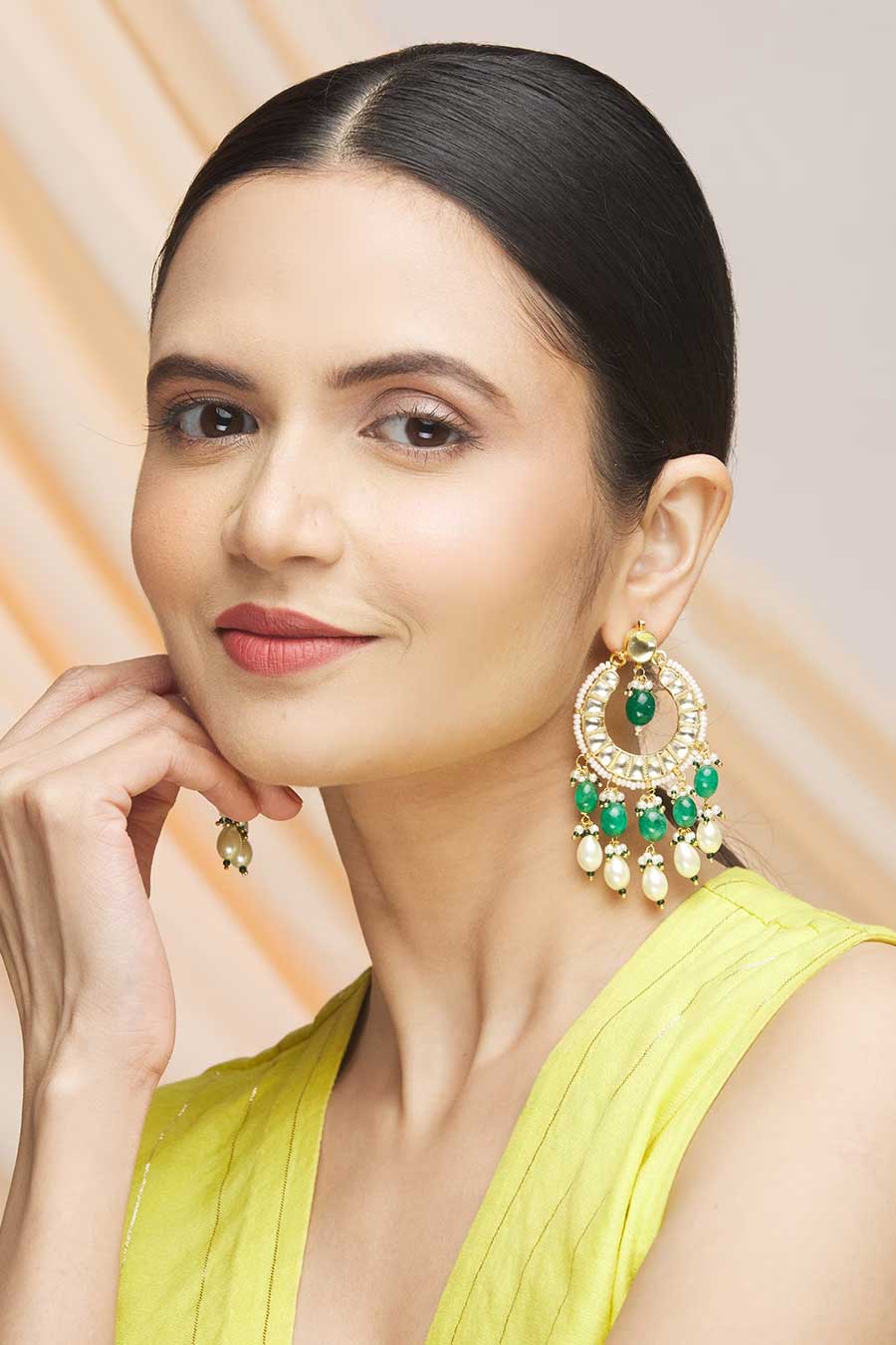 Green Kundan Polki Chandbali Earrings