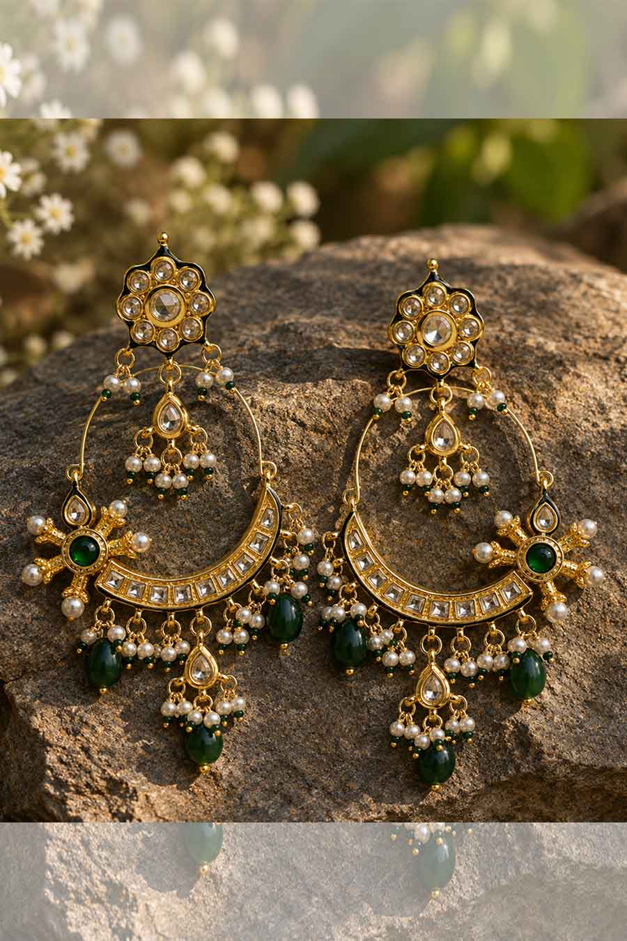 Emerald Floral Pearl Drops Hoop Earrings