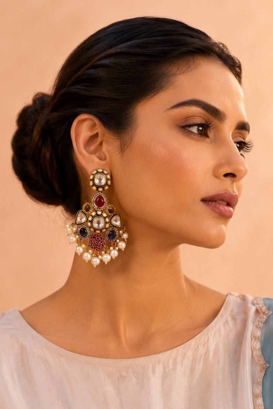 Multicolour Polki Drop Pearl Accents Earrings