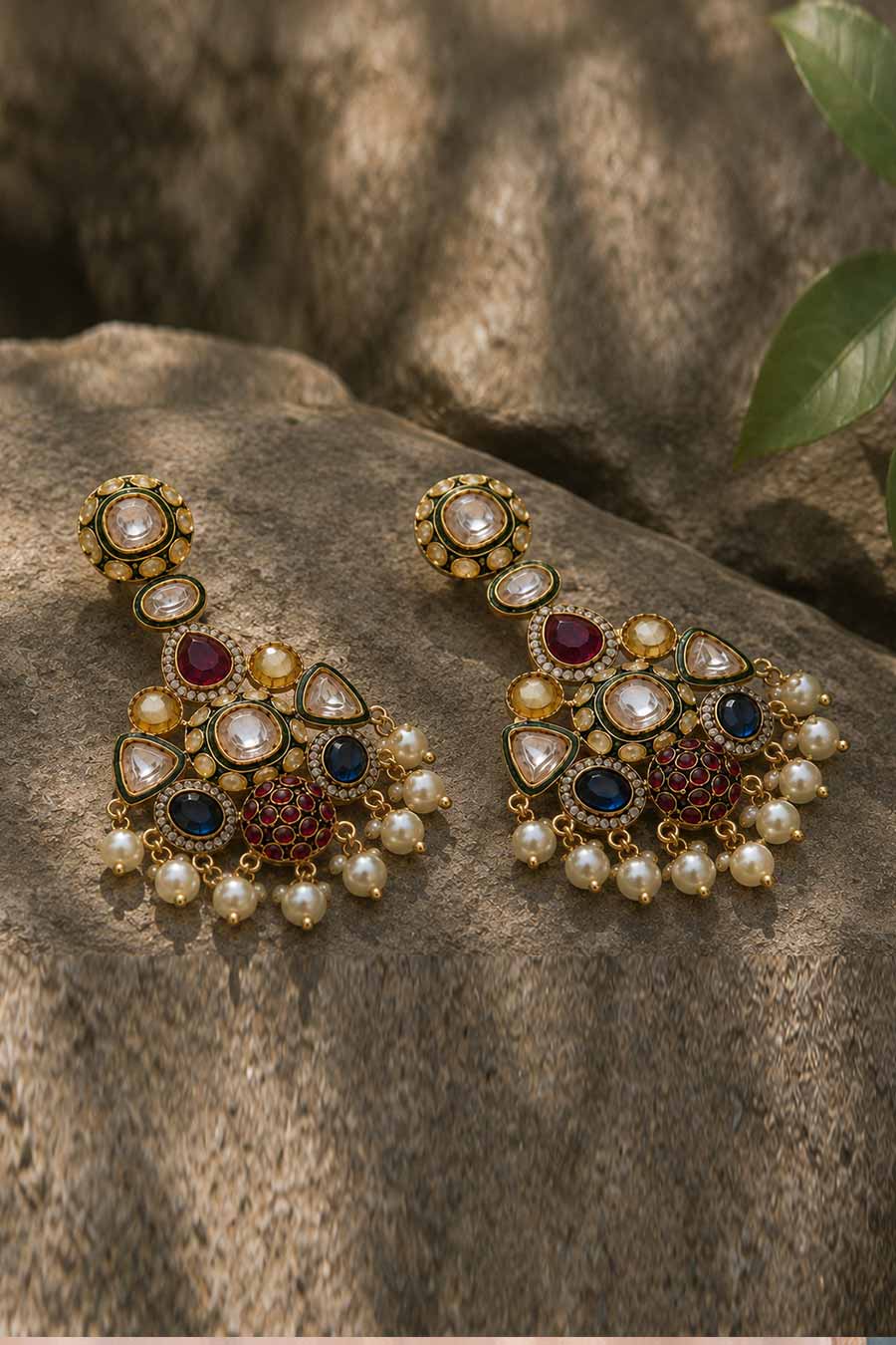 Multicolour Polki Drop Pearl Accents Earrings