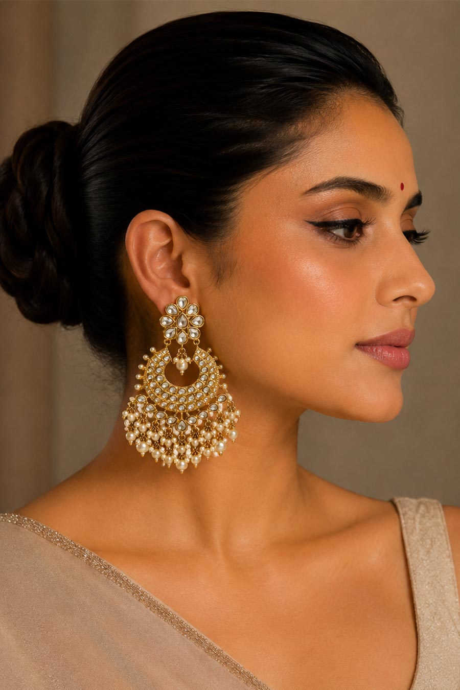 Polki Chandbali Pearl Drops Earrings