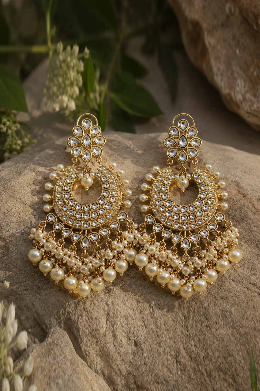 Polki Chandbali Pearl Drops Earrings
