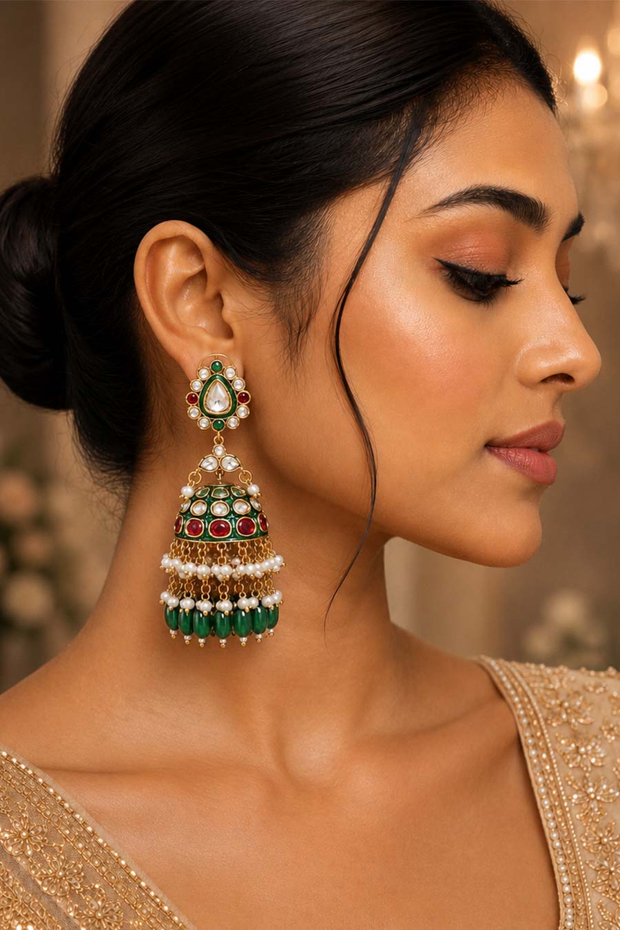 Meenakari Polki Emerald Drops Jhumka Earrings