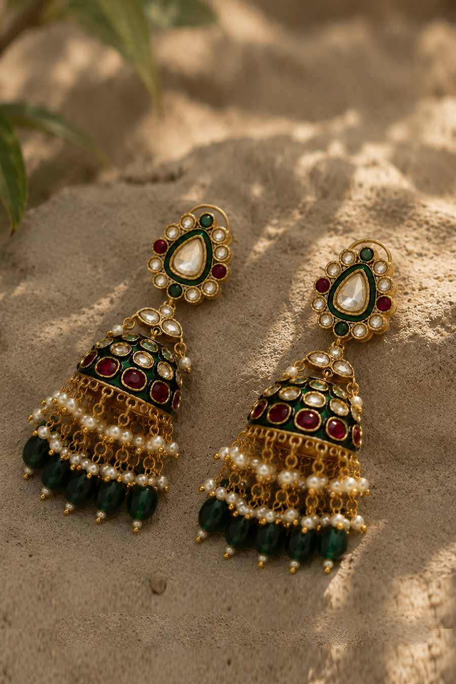 Meenakari Polki Emerald Drops Jhumka Earrings