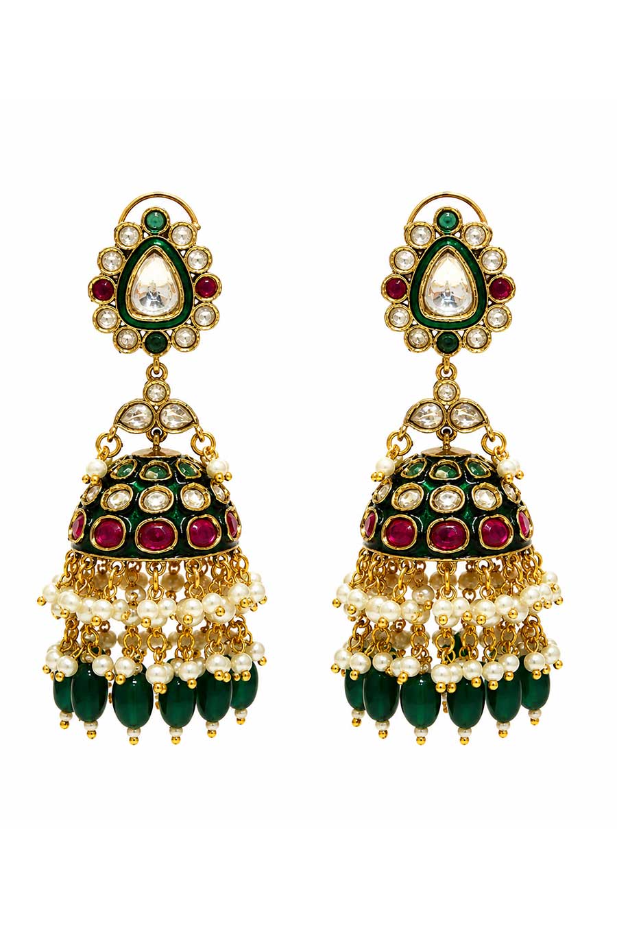 Meenakari Polki Emerald Drops Jhumka Earrings