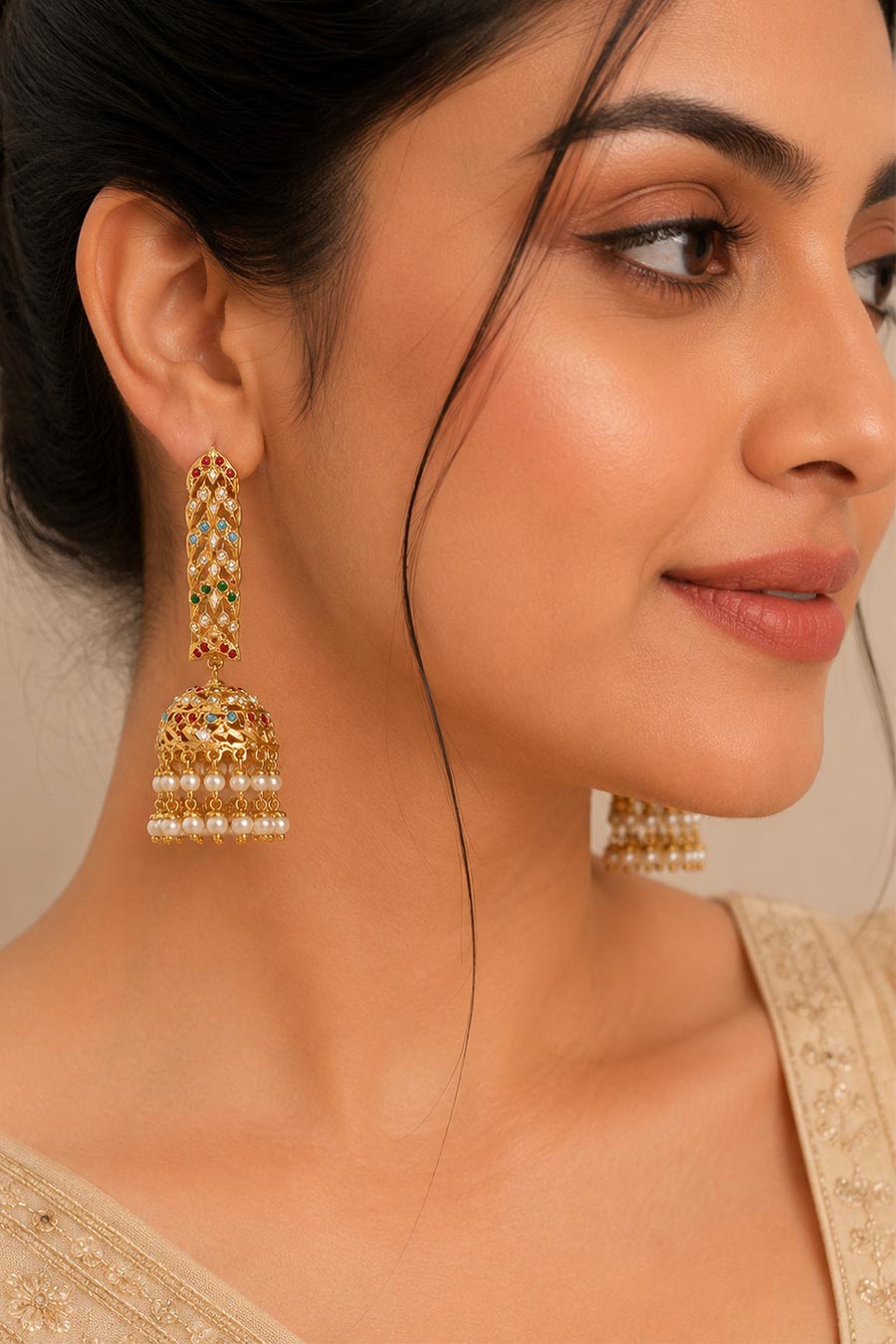 Bar Pearl Fringe Jhumka Earrings