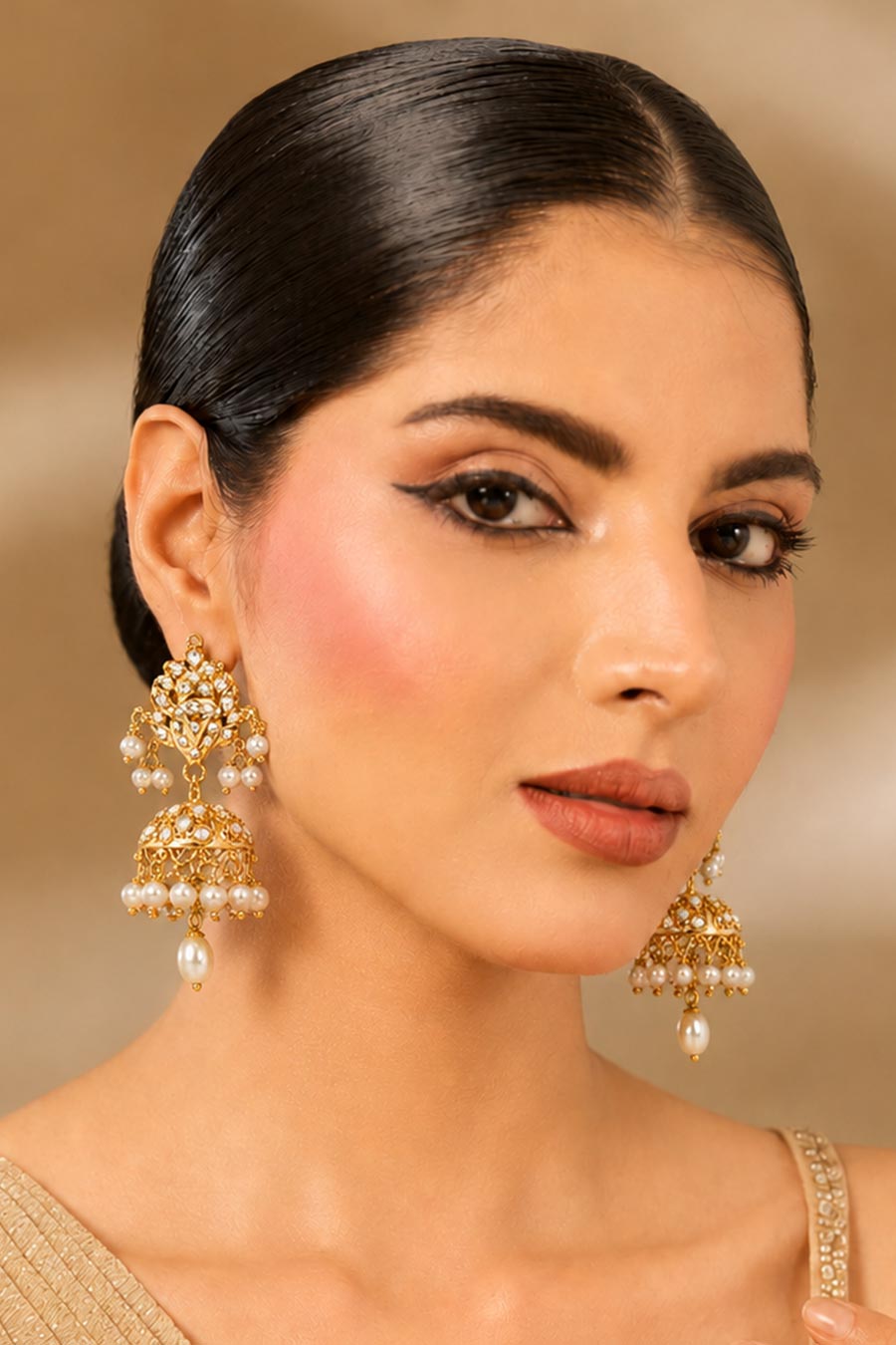 Polki Pearl Drops Jhumka Earrings