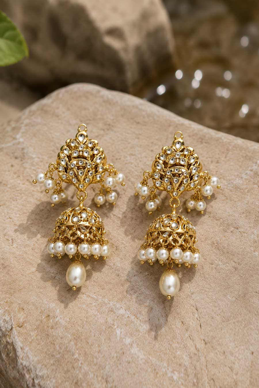 Polki Pearl Drops Jhumka Earrings