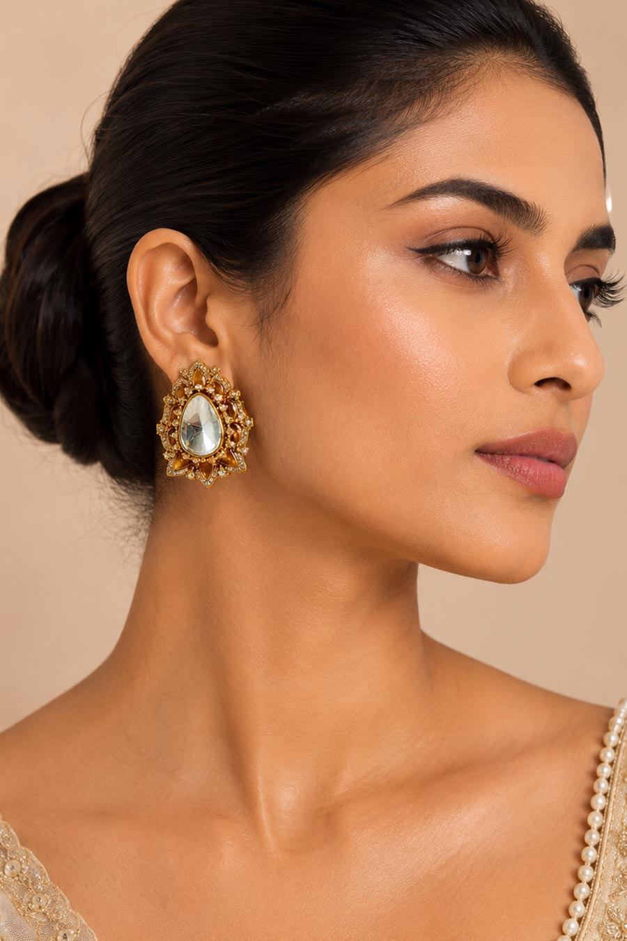 Pear Cut Polki Floral Stud Earrings