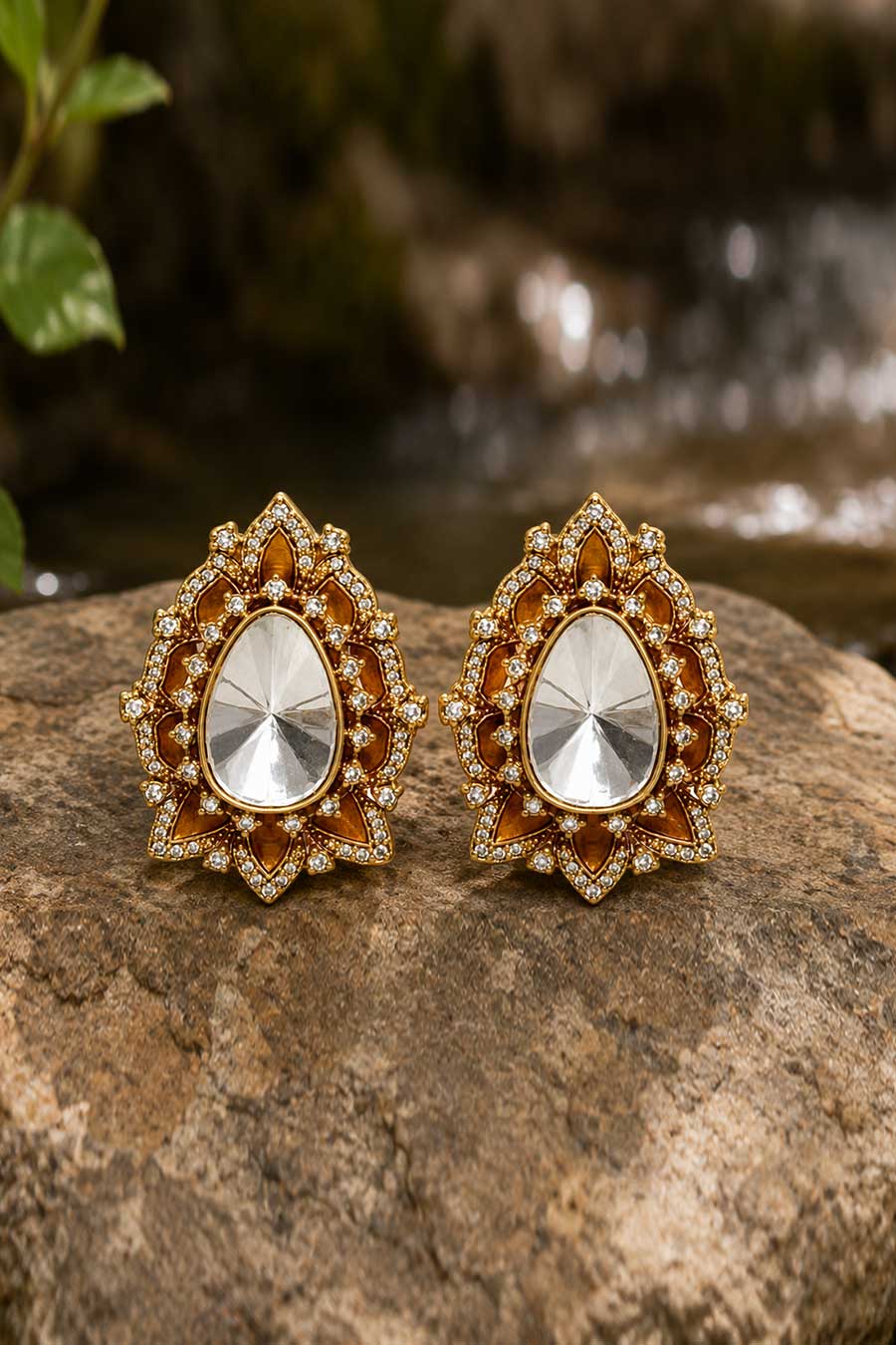 Pear Cut Polki Floral Stud Earrings