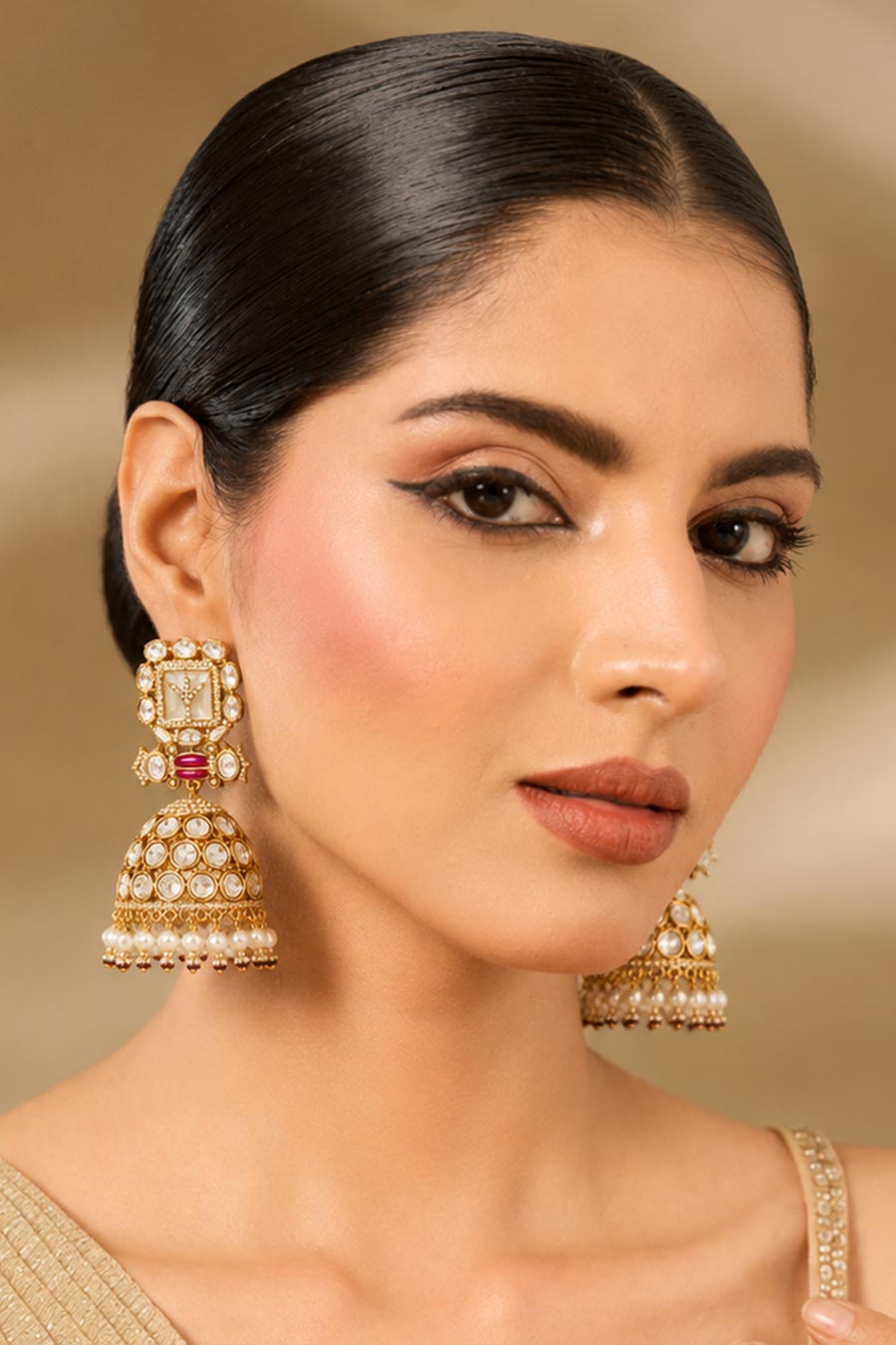 Polki Pearl Fringe Jhumka Earrings