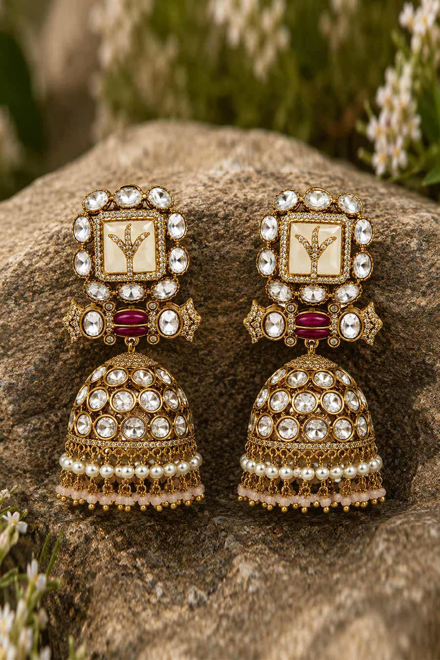 Polki Pearl Fringe Jhumka Earrings