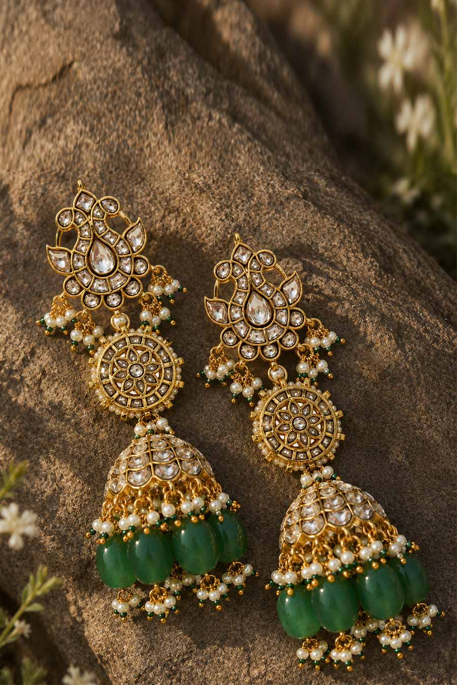 Emerald Green Polki Jhumka Earrings