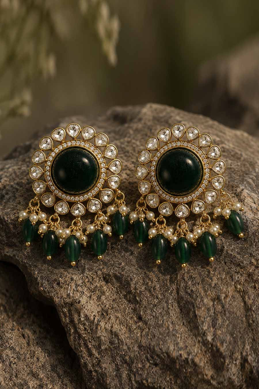 Emerald Pearl & Bead Drops Stud Earrings