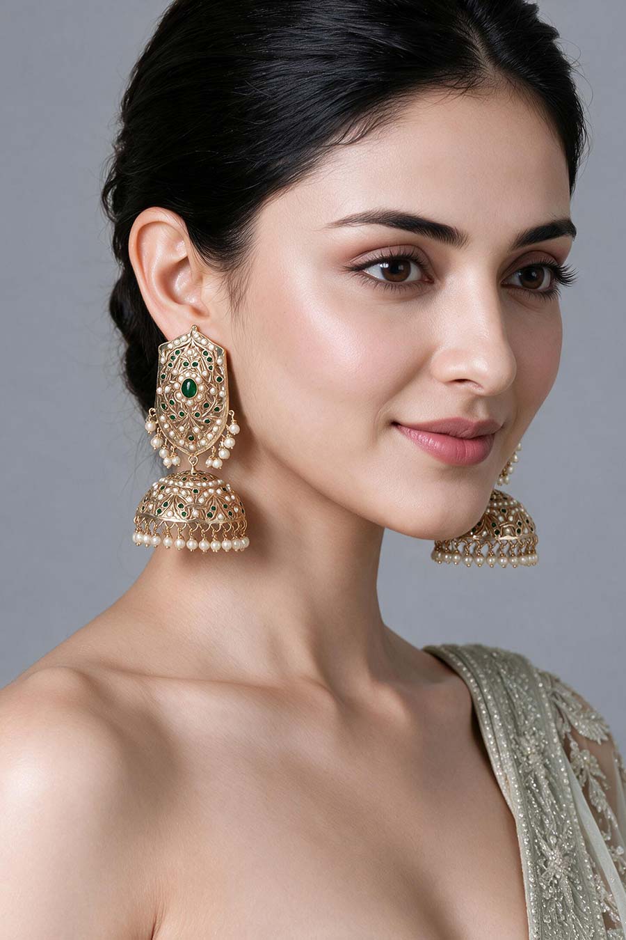 Emerald Green Jadau Pearl Jhumka Earrings
