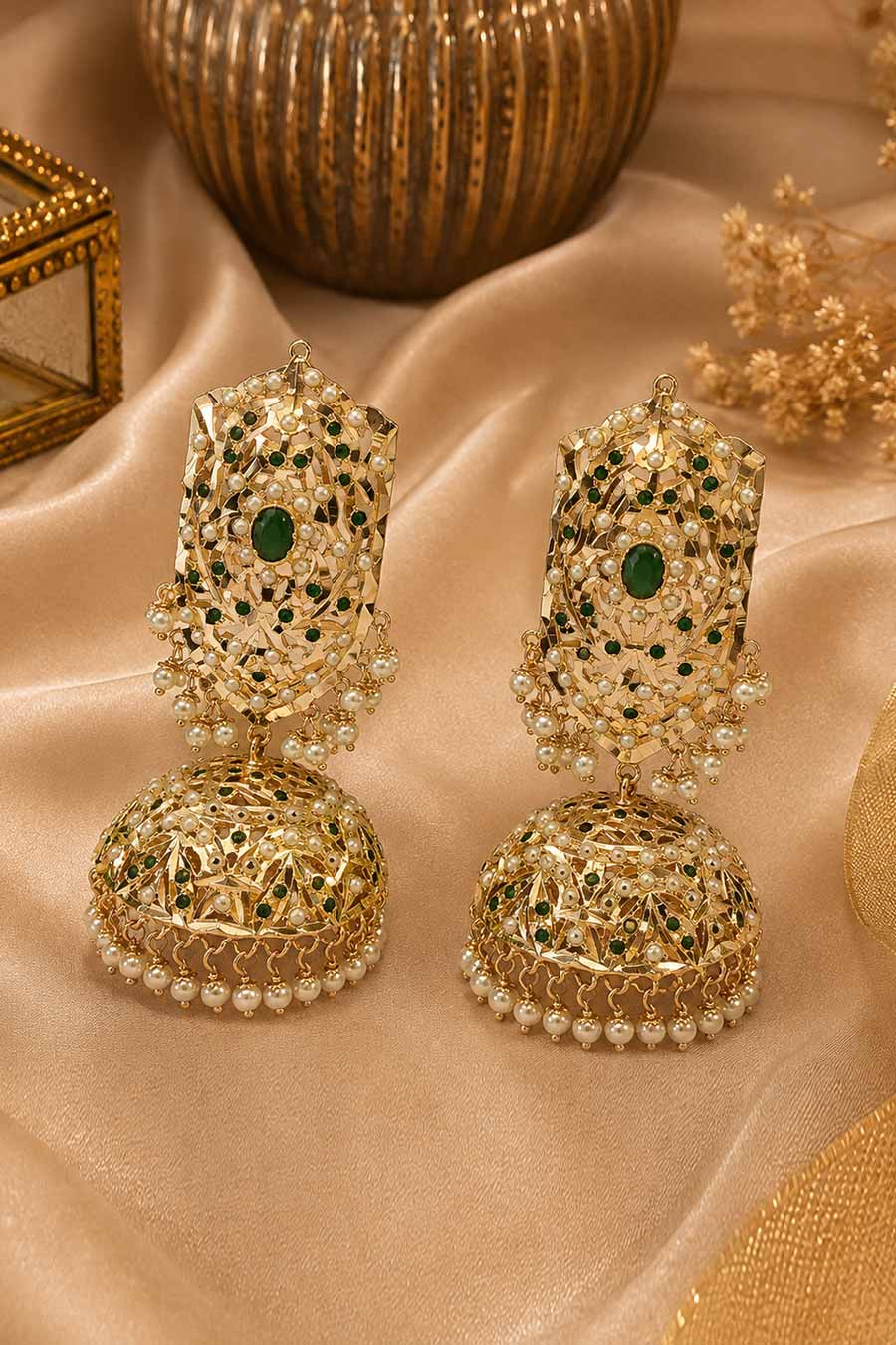 Emerald Green Jadau Pearl Jhumka Earrings