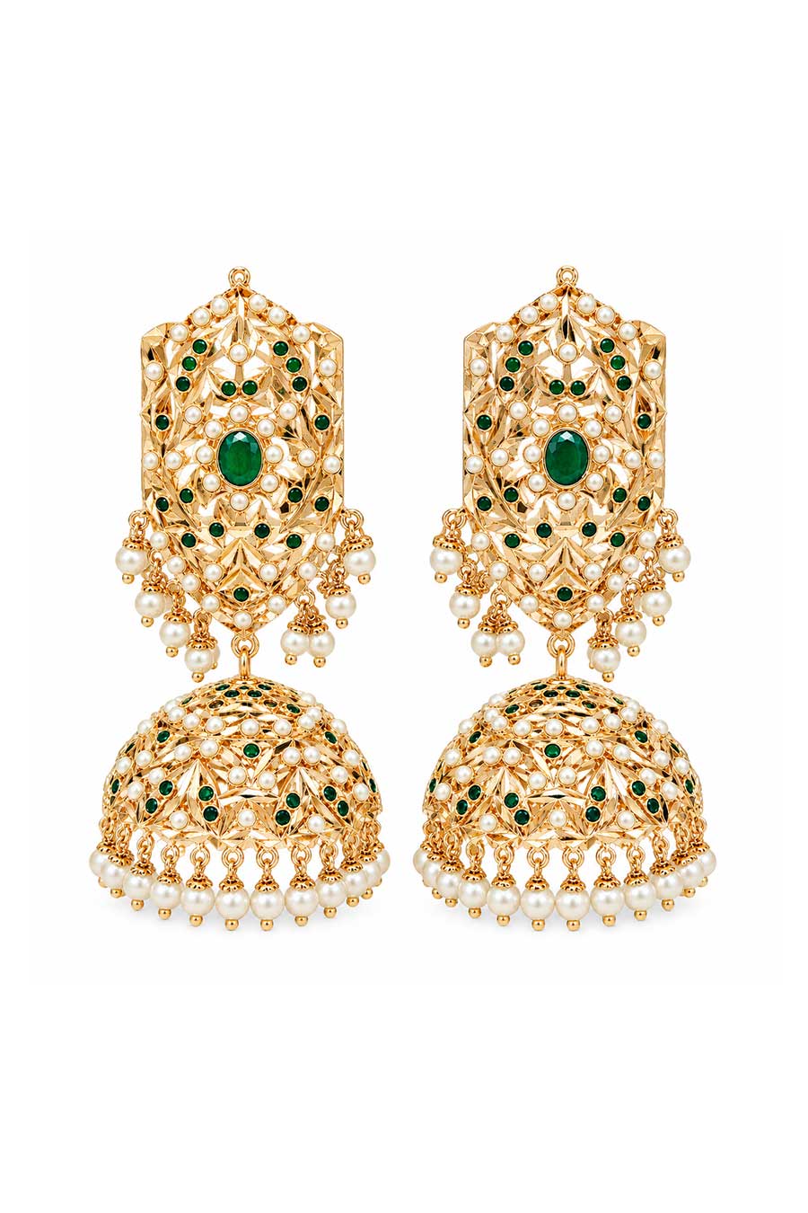 Emerald Green Jadau Pearl Jhumka Earrings