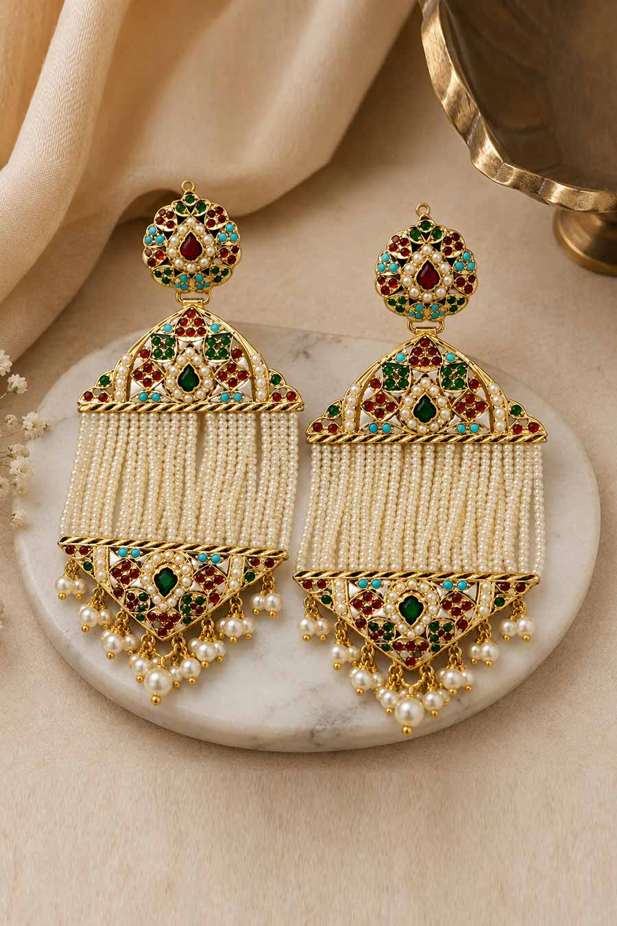 Multicolour Jadau Pearl Tassel Earrings