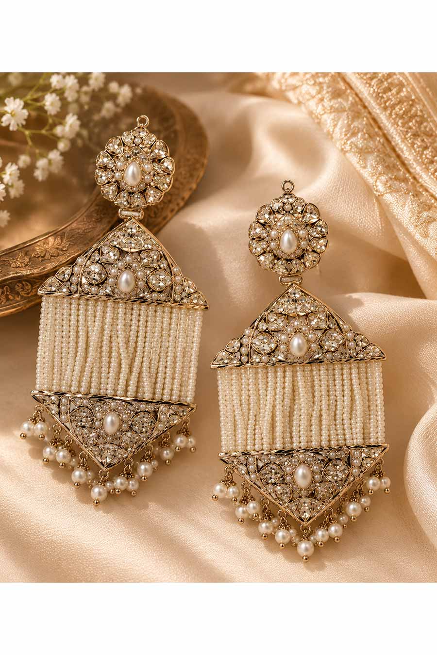 Jadau Pearl Tassel Statement Earrings