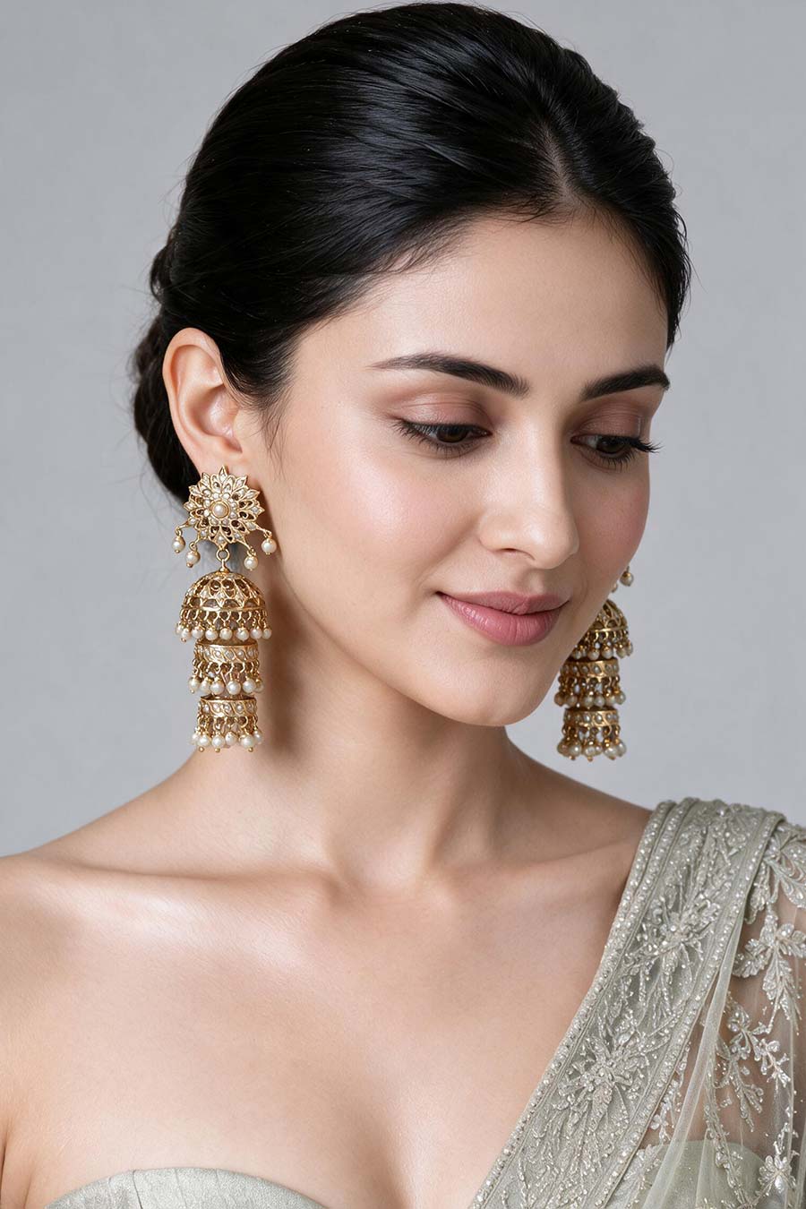 Three-Layer Jadau Pearl Jhumka Earrings