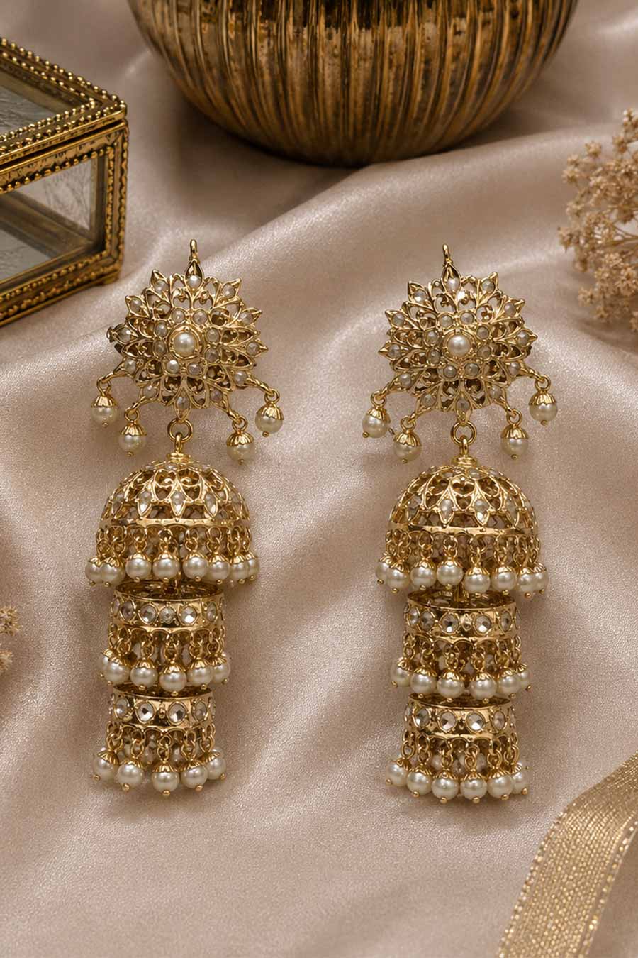 Three-Layer Jadau Pearl Jhumka Earrings