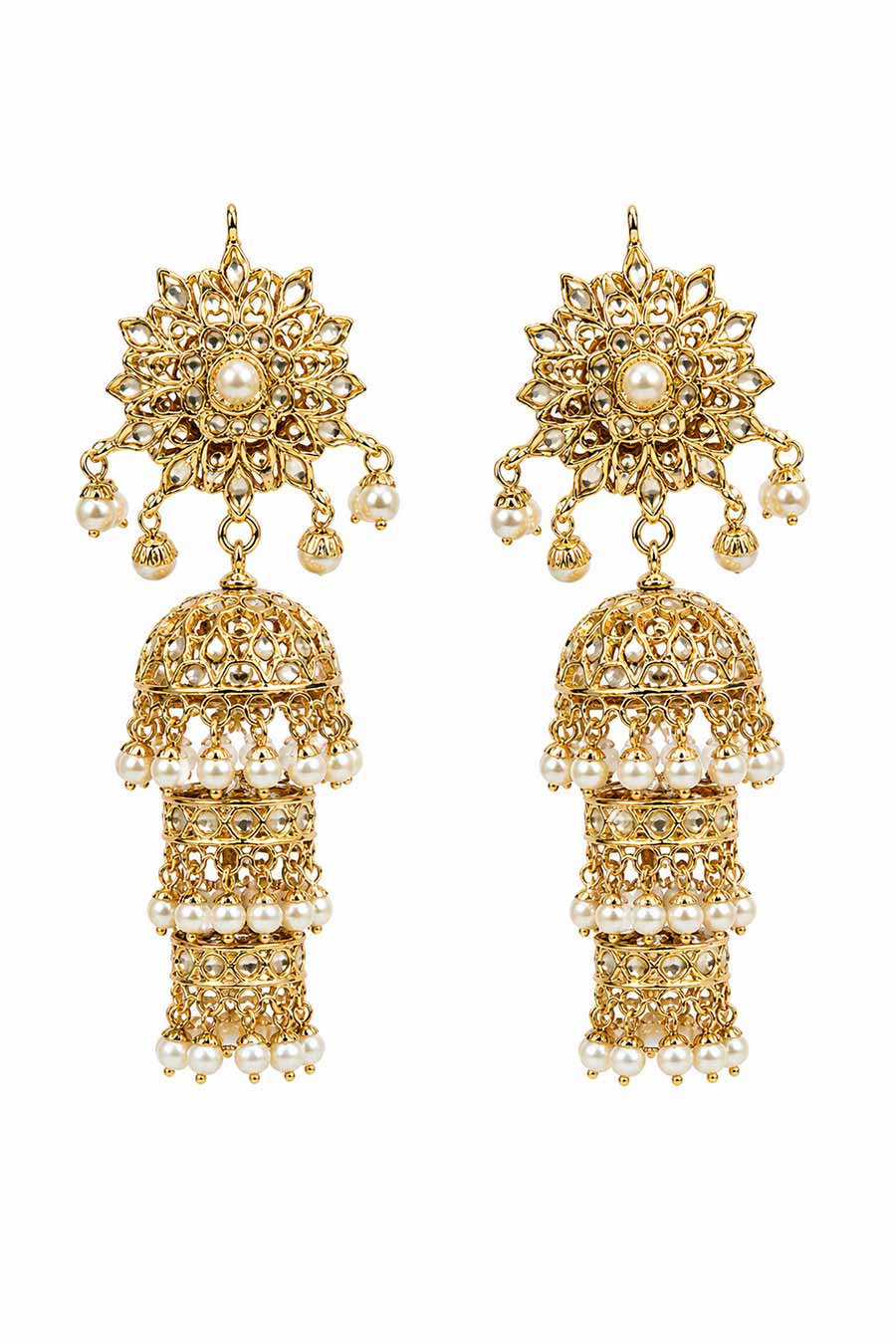 Three-Layer Jadau Pearl Jhumka Earrings