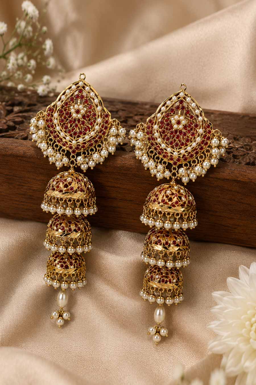 Layered Jadau Pearl Jhumka Earrings