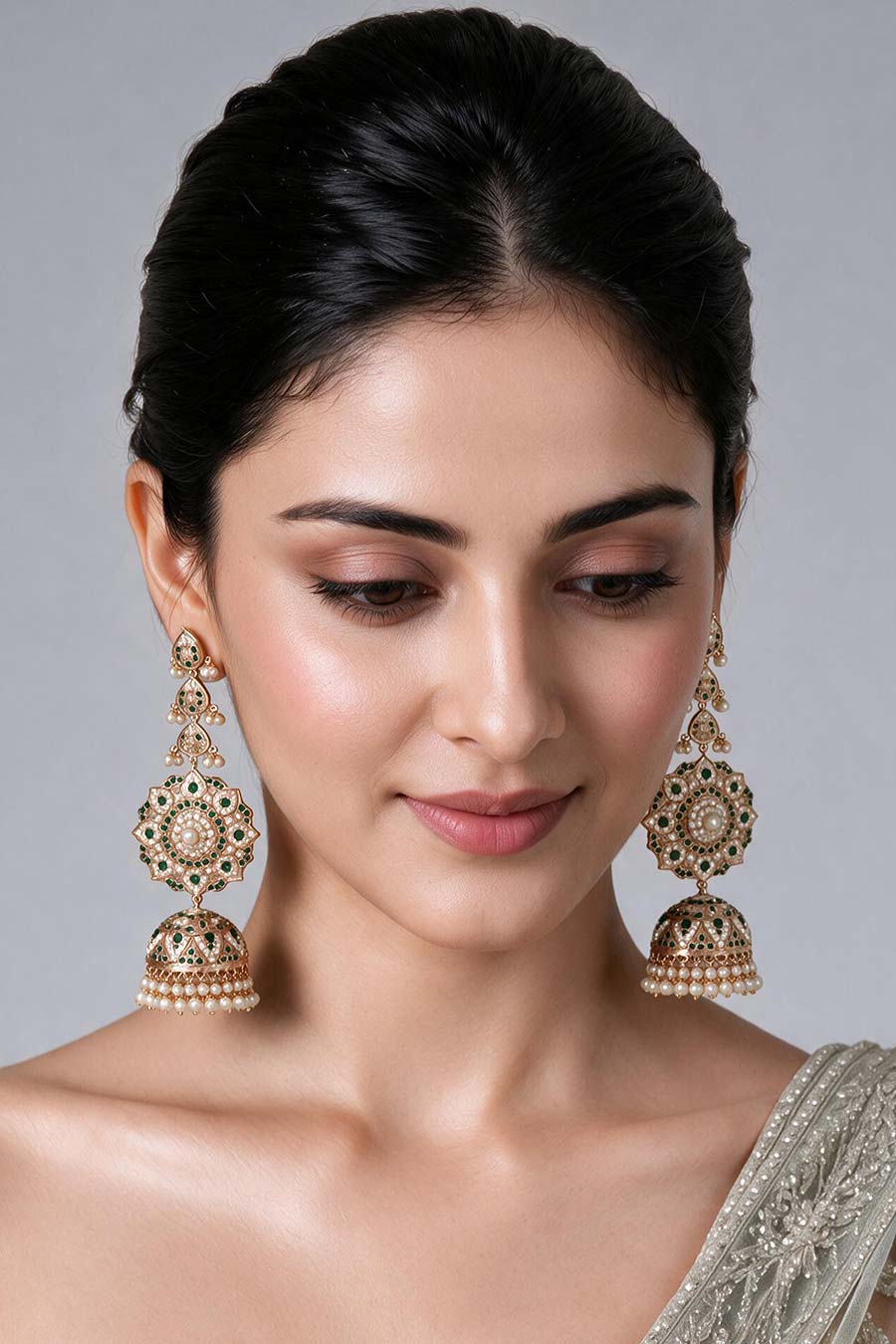 Emerald Green Stone Jadau Pearl Jhumka Earrings
